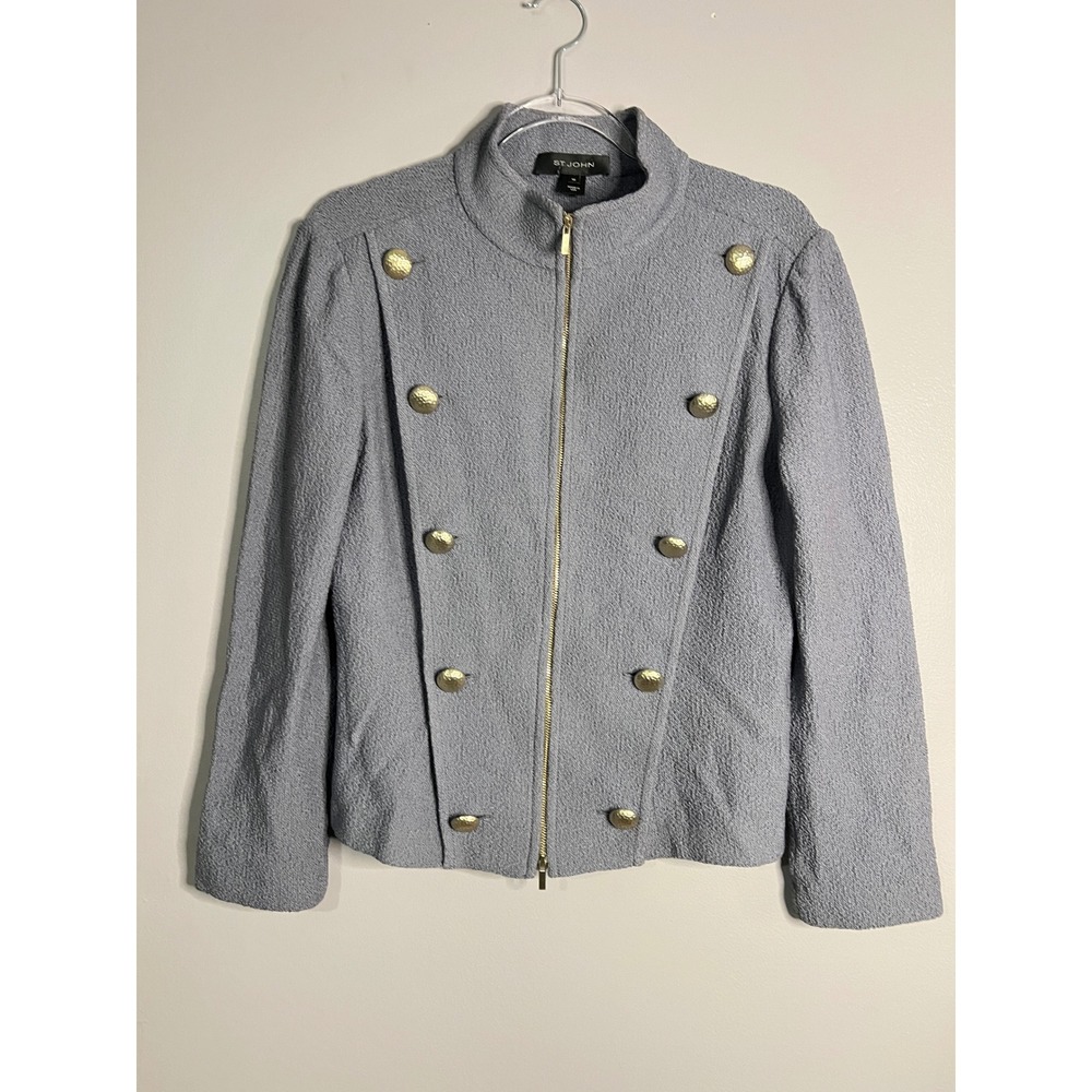 St. John Santana Knit Military Jacket Blue Gold Button Zip Front Size 10